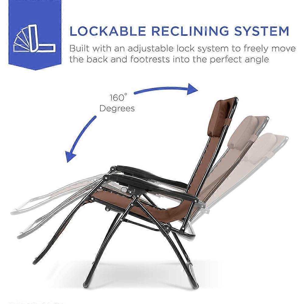 Oversized Zero Gravity Chair, Folding Outdoor Patio Lounge Recliner w/Cup Holder Accessory Tray and Removable Pillow - Brown