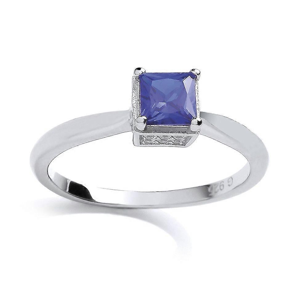 Jewelco London Sterling Silver Sapphire-Blue Princess Cut and Round Brilliant Cubic Zirconia Solitaire Ring