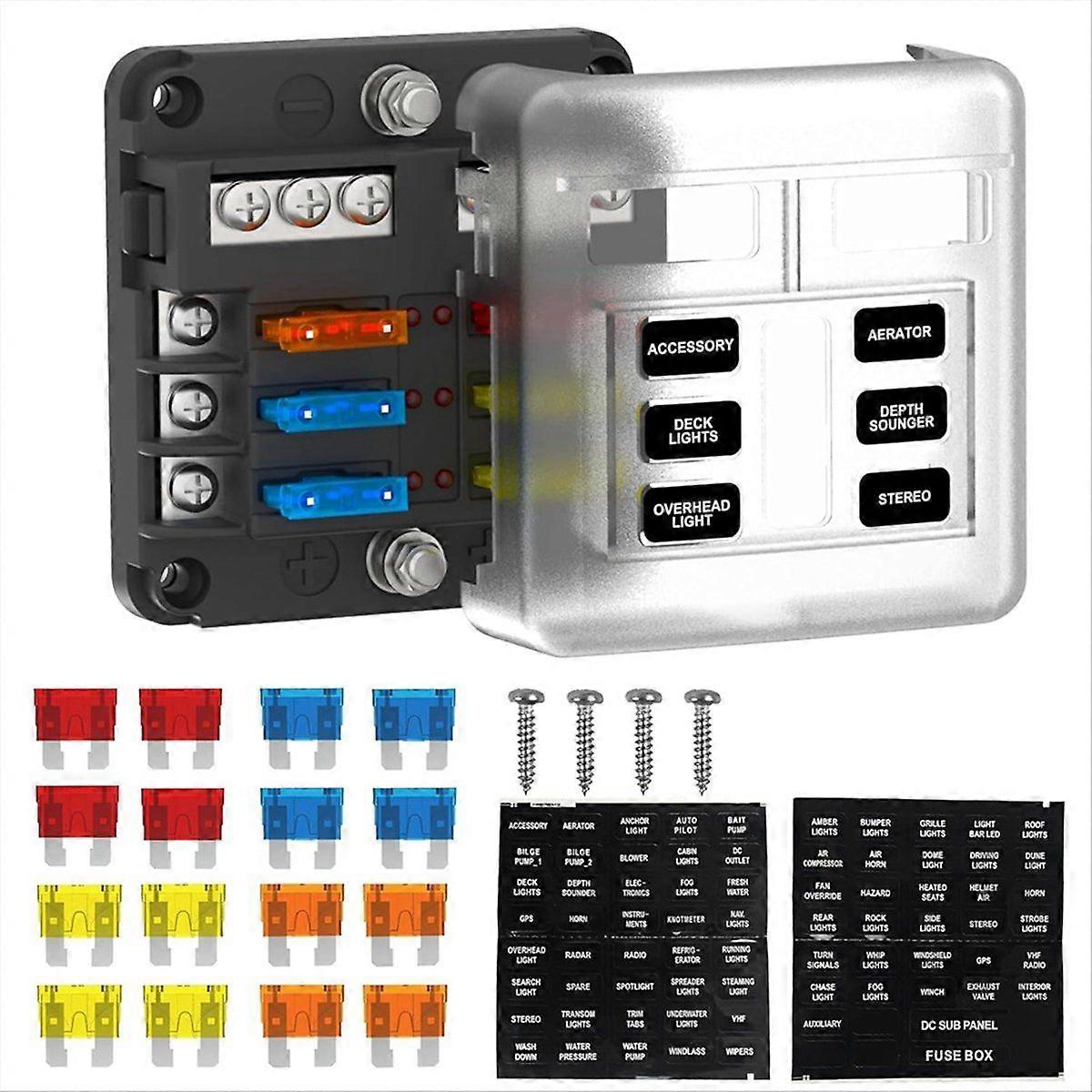 6 Way Fuse Block Box 12V/24V DC, ATC/ATO Fuse Panel with LED Indicator for Marine Boat Automotive M