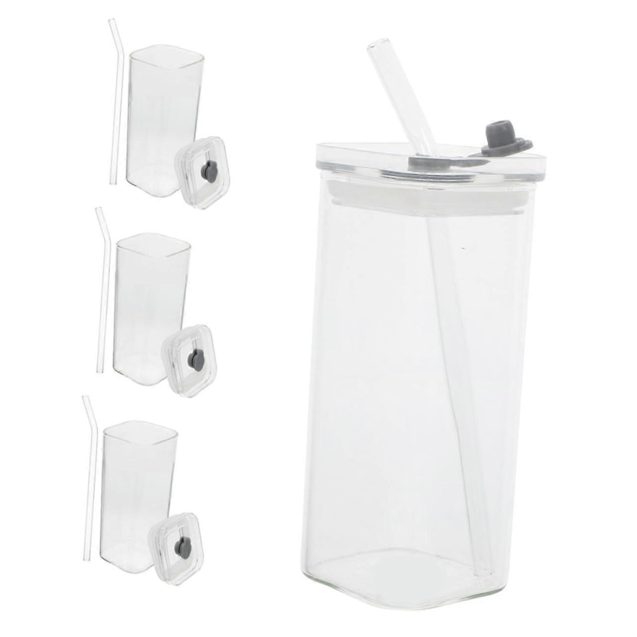 4pcs Transparent Square Glass Tumbler With Lid And Straw MicrowaveSafe Reusable Cups For Cold Drinks And Hot Beverages