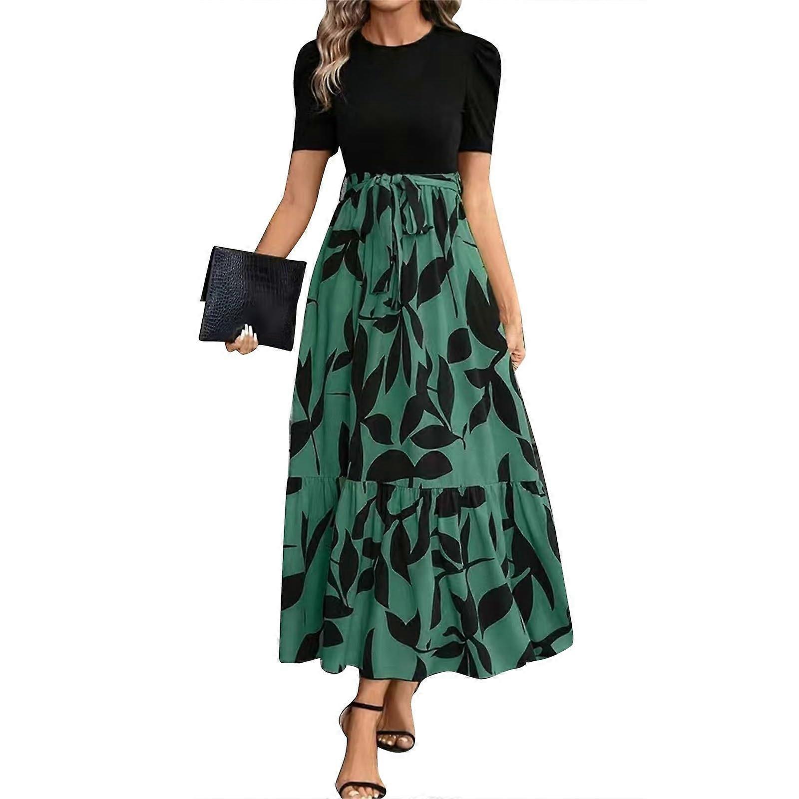 Dresses for Women Casual Flowy Floral Maxi Dress Elegant Waist Beach Dresses  Green S | Fruugo UK