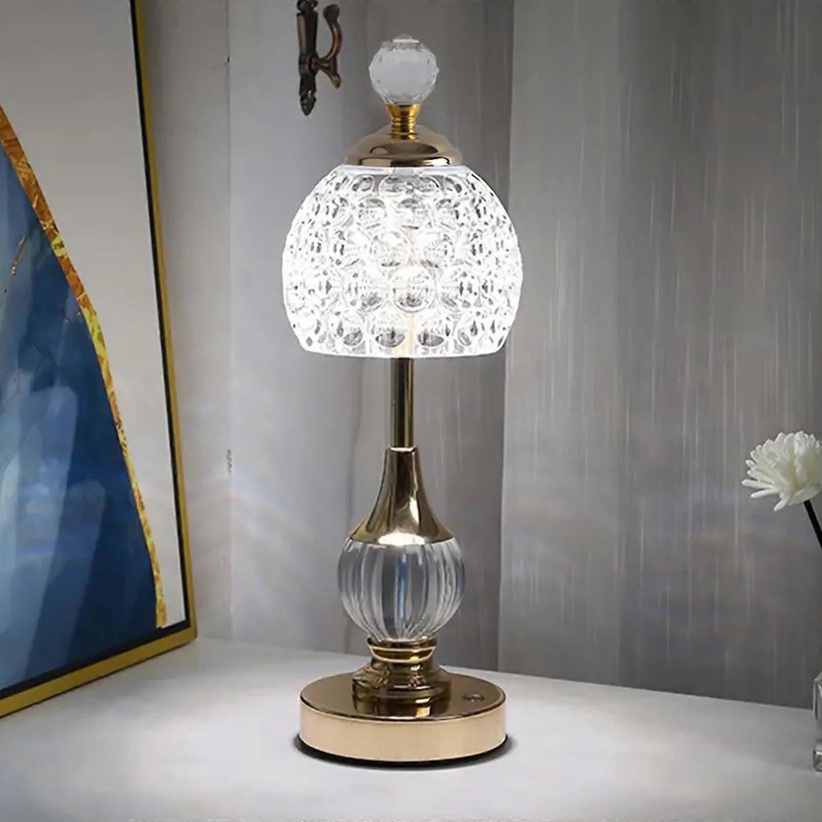 Crystal Table Lamp with Touch Control, 3Color Dimmable Rechargeable Light for Bedroom and Office