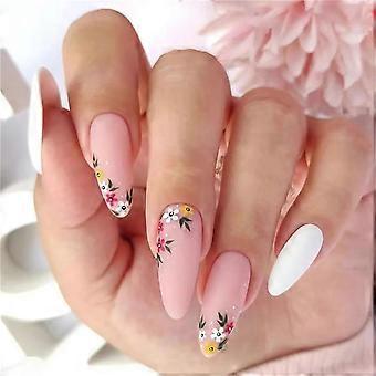 24pcs Short Almond Press On Nails Pink White Retro Flowers Fake Nails Set for Women and Girls