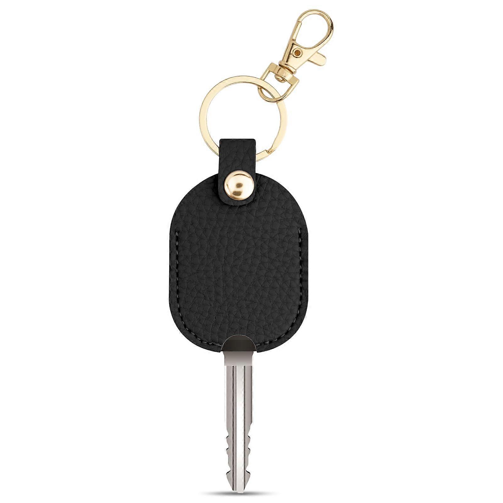 Leather Car Key Cover with Key Ring, Durable PU Leather Protector for Broken Key Loop  Black