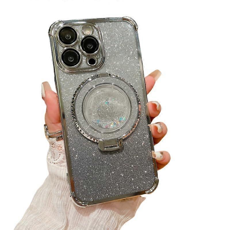 Slim Silver Glitter Case with Stand for iPhone 13, Drop Proof Protective Cover with Raised Edges