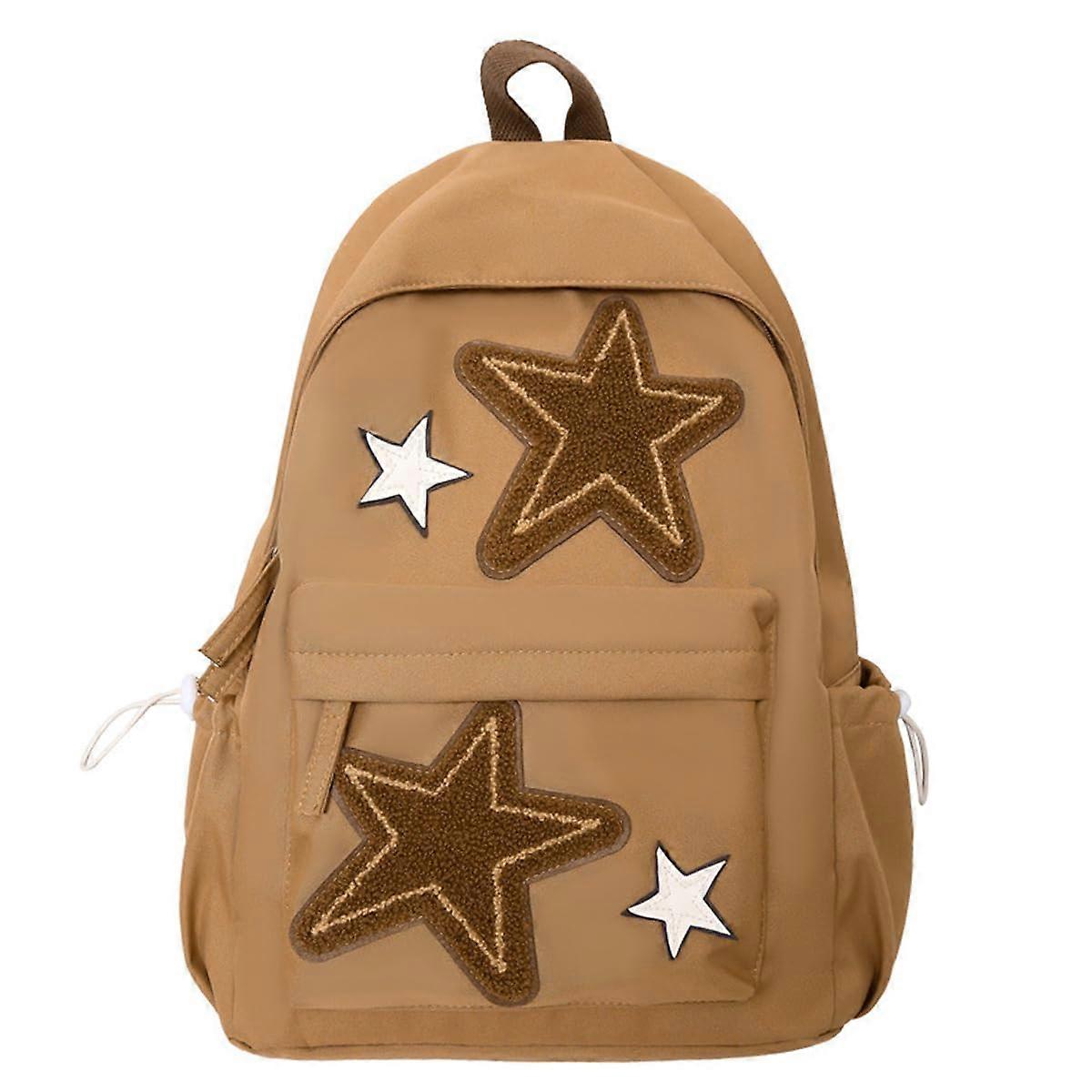 Medium Brown Y2K Star Patchwork Backpack, Lightweight Durable Cute College Daypack