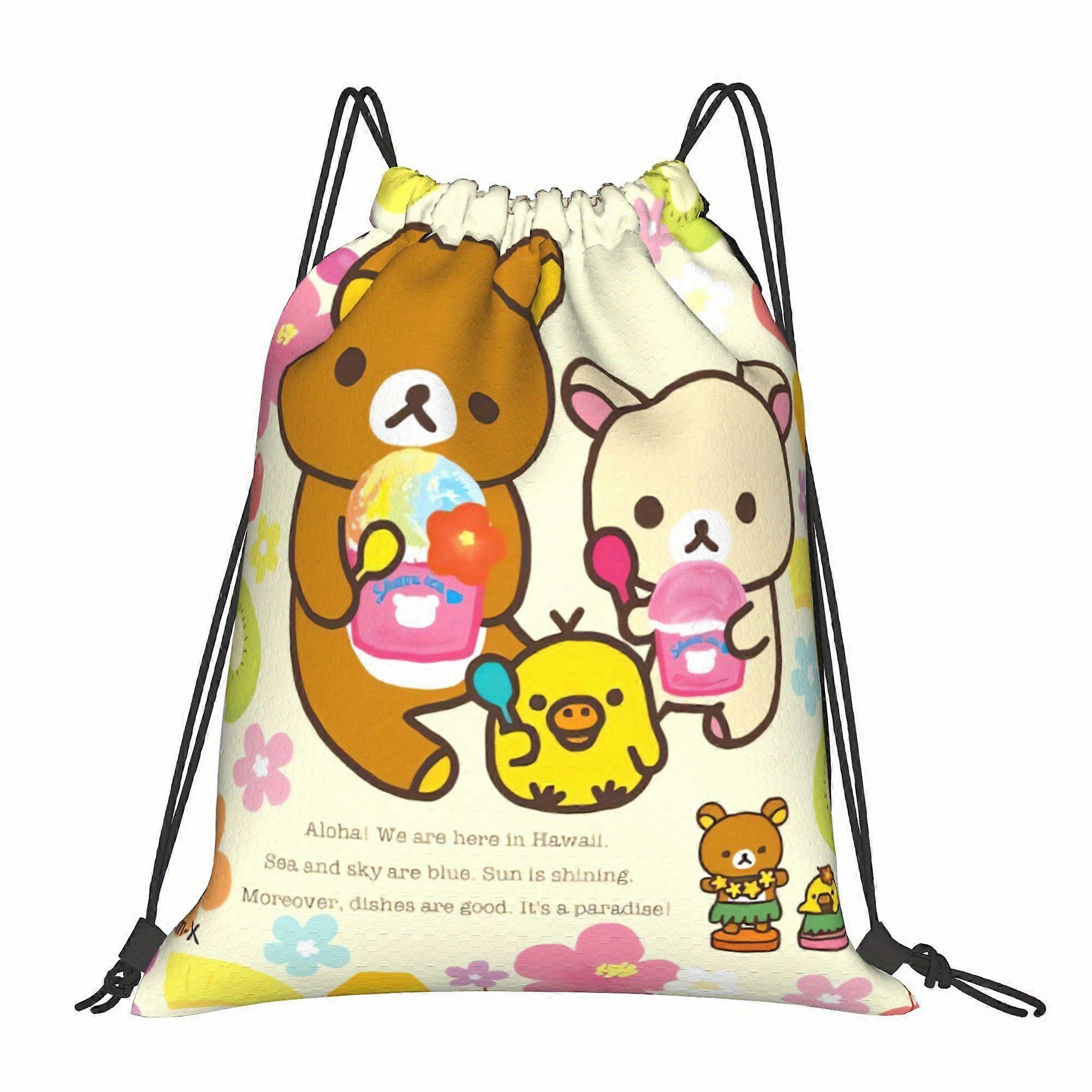 Mochila com cordão ZLIENSZUS Rilakkuma Cartoon - Poliéster, lavável à máquina, design colorido com estampas havaianas e Aloha T-Dwazs