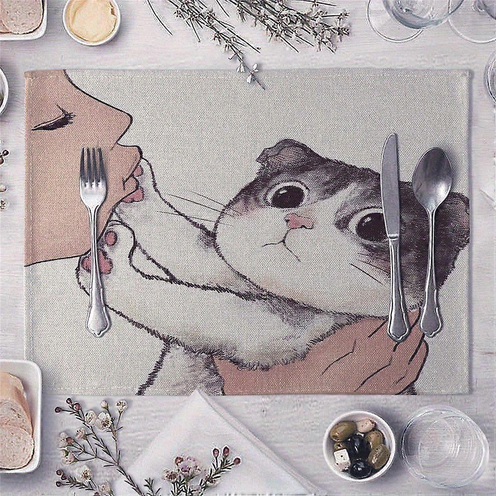 1pc Cat Pattern Linen Table Mat, Cartoon Placemat, Kitchen Dining Pad