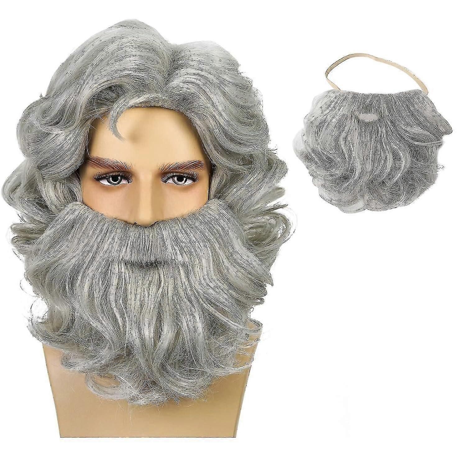 Santa Beard And Wig Set Long Gray Old Man Wizard Wig