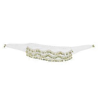 Women Chiffon Dangling Belly Dance Hip Scarf 3 Rows 128 Coins Wrap Belt for Belly Dancing (White)