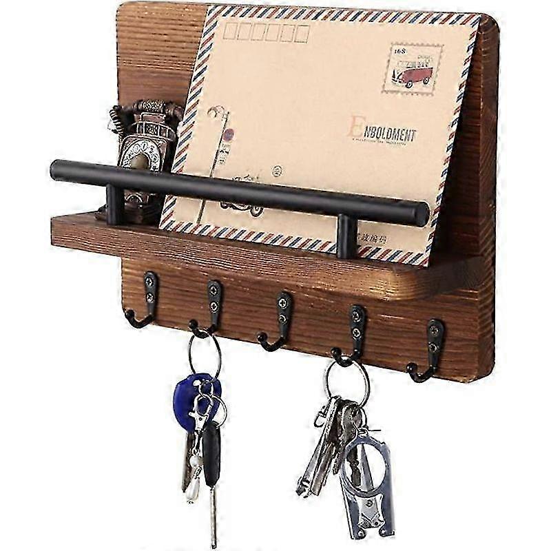 Wall Key Holder - AMOUNE - Solid Pine Wood - 5 Hooks - Rustic Decoration - Versatile Storage