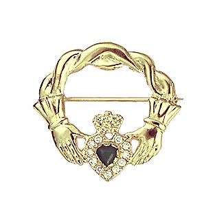 9ct Gold 28x30mm twisted cord top Claddagh Brooch set with Green Agate and CZ's