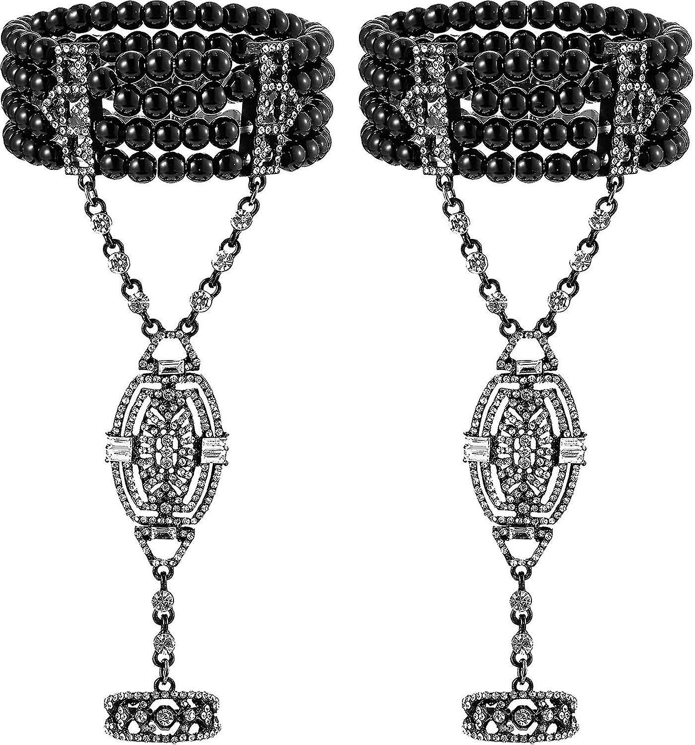 2 Pieces 1920s Women Flapper Bracelet Ring Set Imitation Pearl Crystal Bracelet Gold (di Man Jia)