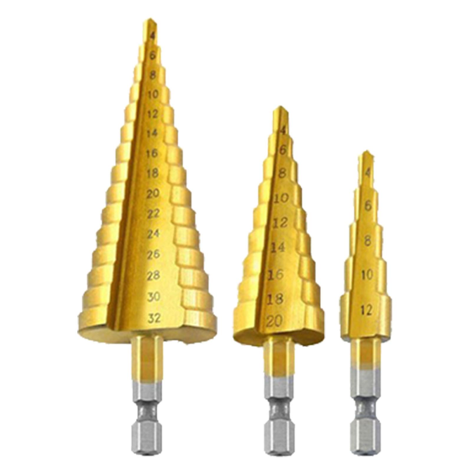 Step Drill Bit Set Titanium Plated Wear Resistant Stable Rugged Hex Shank Pagoda Cone Drill Bit Kit 