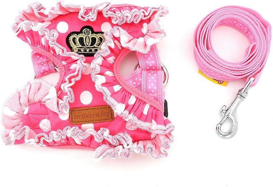 小型犬/猫用ハーネスベストリードセットネットパディングハーネス引っ張りなし快適なステップ、M、ピンク