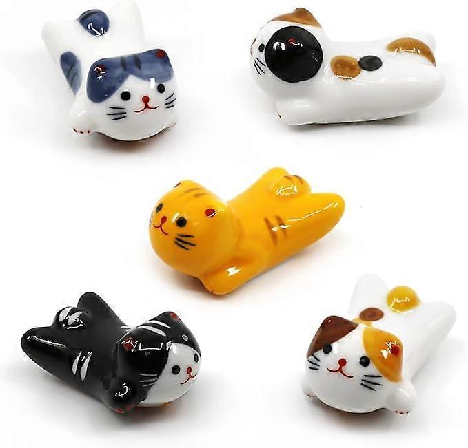 5 Pack Cat Chopsticks Rest Set, Chinese Paint Brush Rests, Japanese Style Porcelain Cute Lucky Cat Ceramic Chopsticks Holder Rack for Dinner Fork Spoo