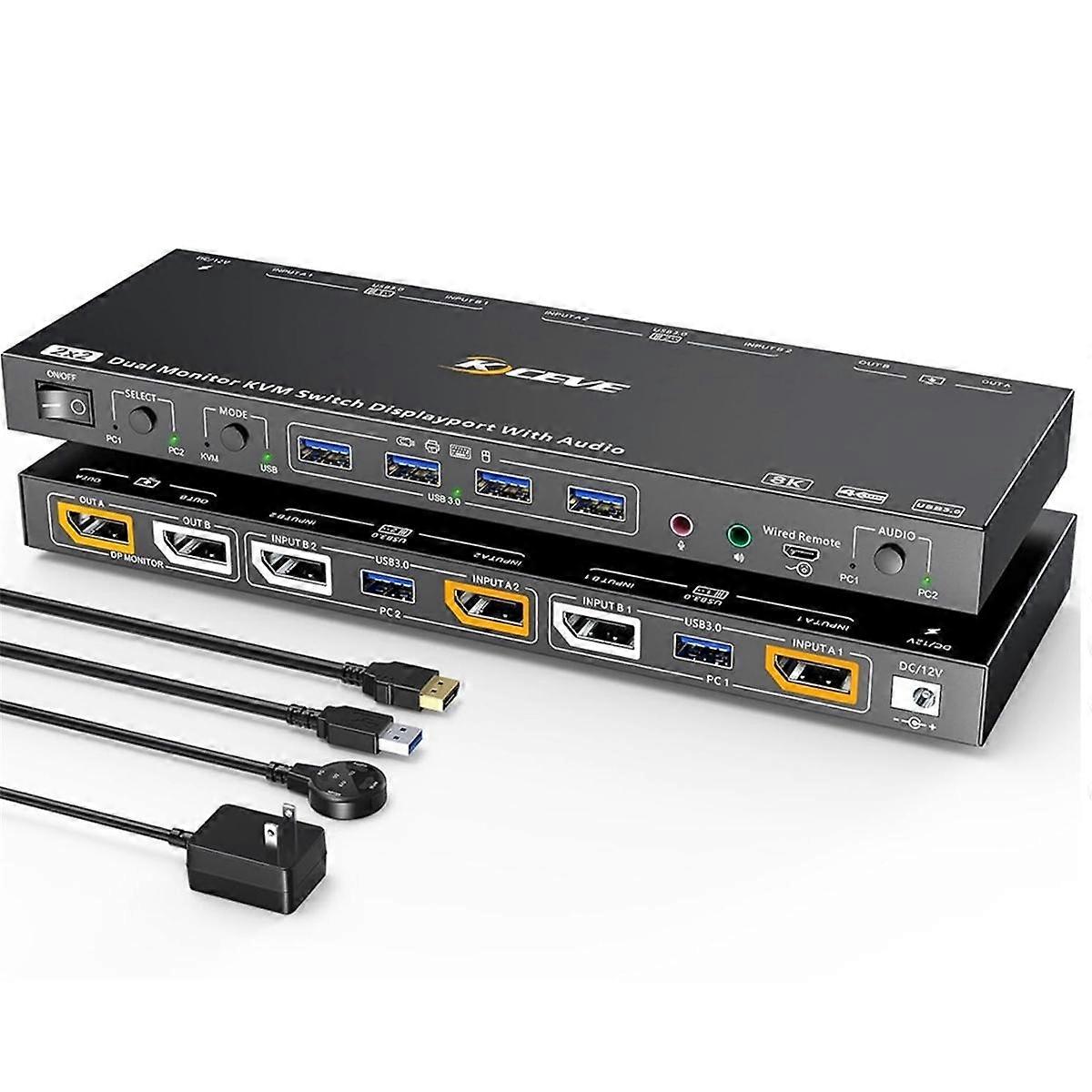 DP KVM Switch Switch 2 PC 2 Monitor 8K @30Hz 4K@144Hz, Dual Monitor for Headset Keyboard Mouse US-