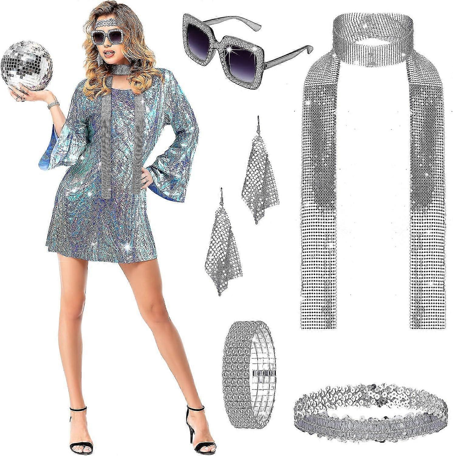 6 Pcs Women Costume Outfit And Accessories Set 70s Sequin F Blet Earrings Sunglasses