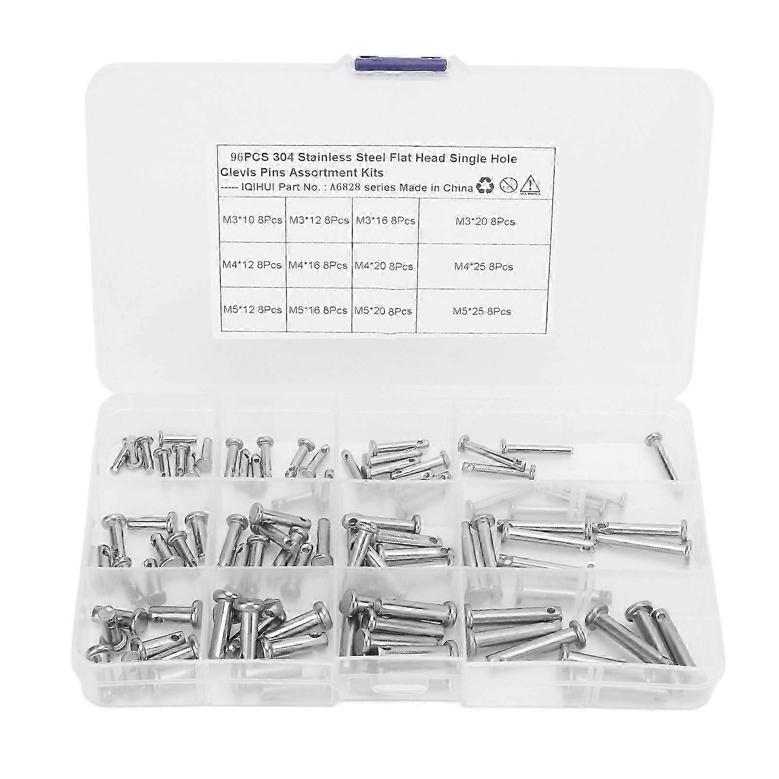 12 Sizes Stainless Steel Clevis Pin Single Hole Flat Head T Shape Round Pin Assortment Kit for Car 96pcs