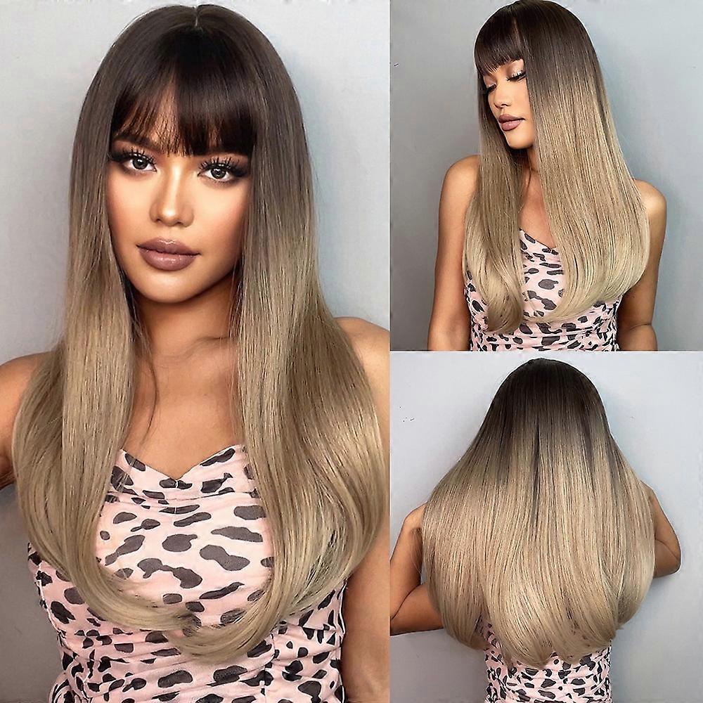ALAN EATON Blonde Layered Synthetic Wigs for Women Long Straight Brown  Highlights Wigs with Bangs Balayage Hair Heat Resistant