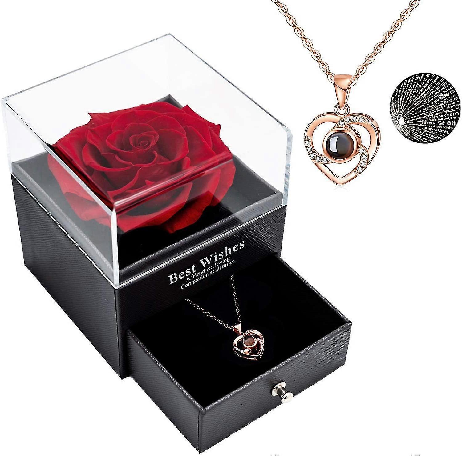 Konservierte echte Rose mit „Ich liebe dich“-Halskette in 100 Sprachen als Geschenkset