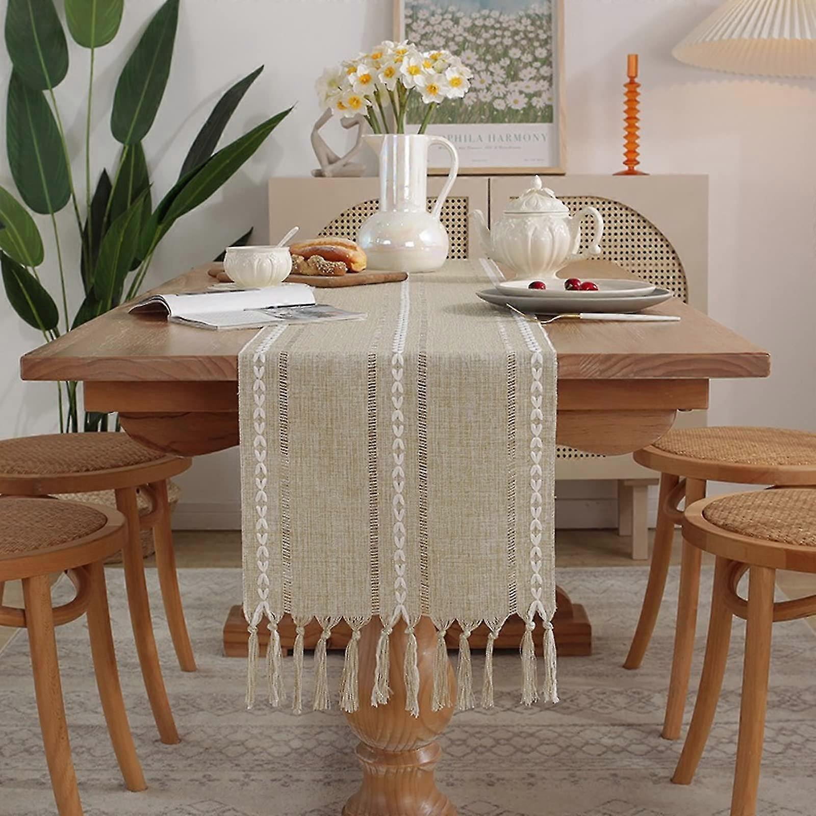 Cream Table Runners Weave Stripes Rustic Table Runner With Tassel Suitable For Dining Table Wedding Table Decoration, 13 * 72 Inch/33 * 183 Cm