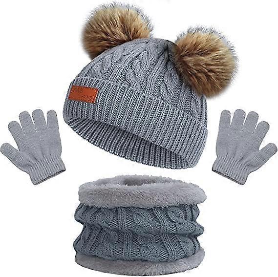 Enfants D’hiver Chaud Bonnet Chapeau Écharpe Gants Ensemble Gris Thermique Tricot Crochet Épais Moelleux Enfant En Bas Âge Écharpe Double Pom Pom Bobble Hat avec Fausse Fourrure pour Filles Bo