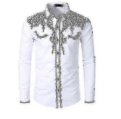 Erkek Batı Kovboy Gömlek İşlemeli Uzun Kollu Rahat Slim Fit Düğme Aşağı Gömlek Kuolu