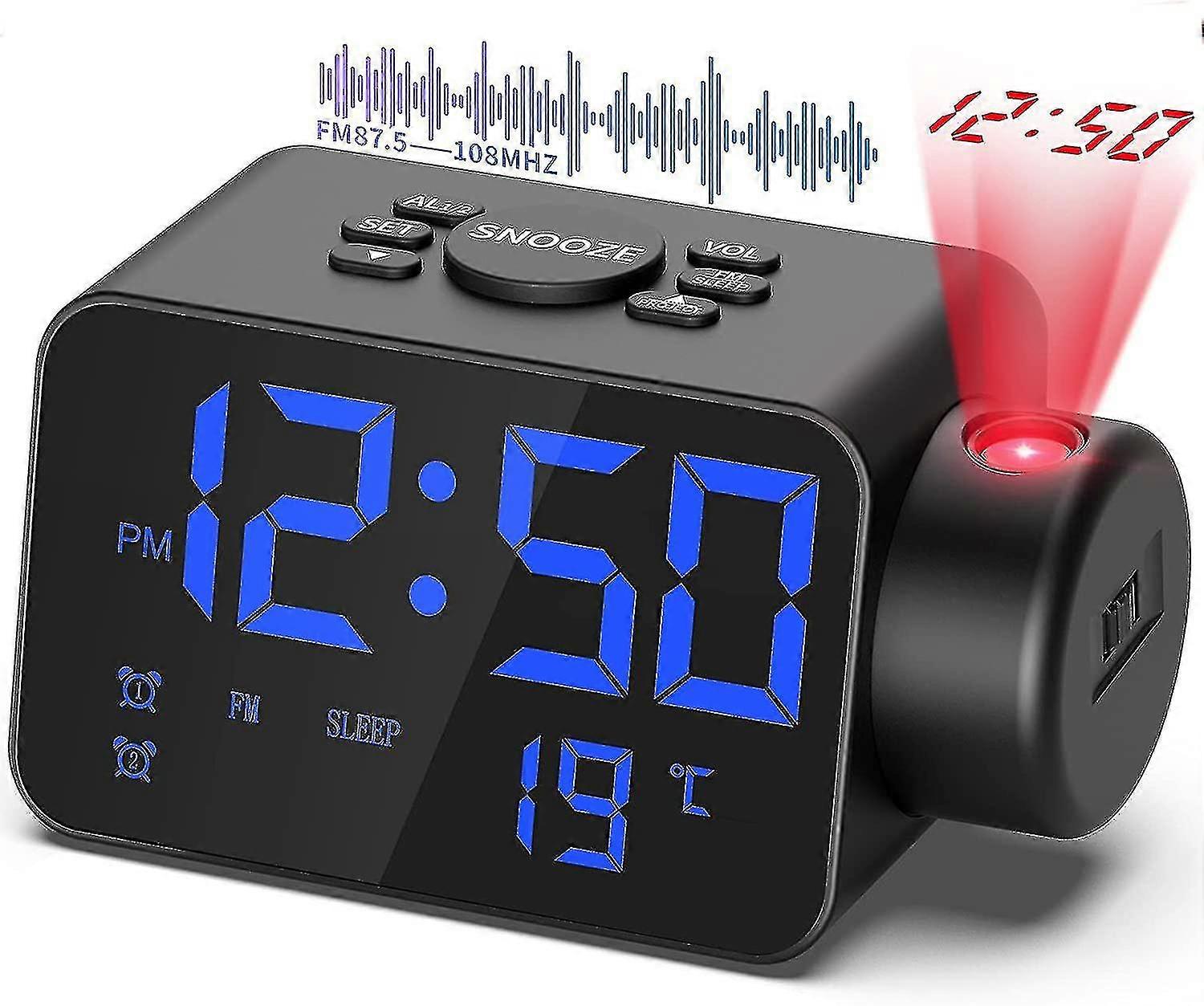 Ceiling Projection Clock Radio, Fm Alarm Clock With Ceiling Projector, Temperature Display, Dual Usb