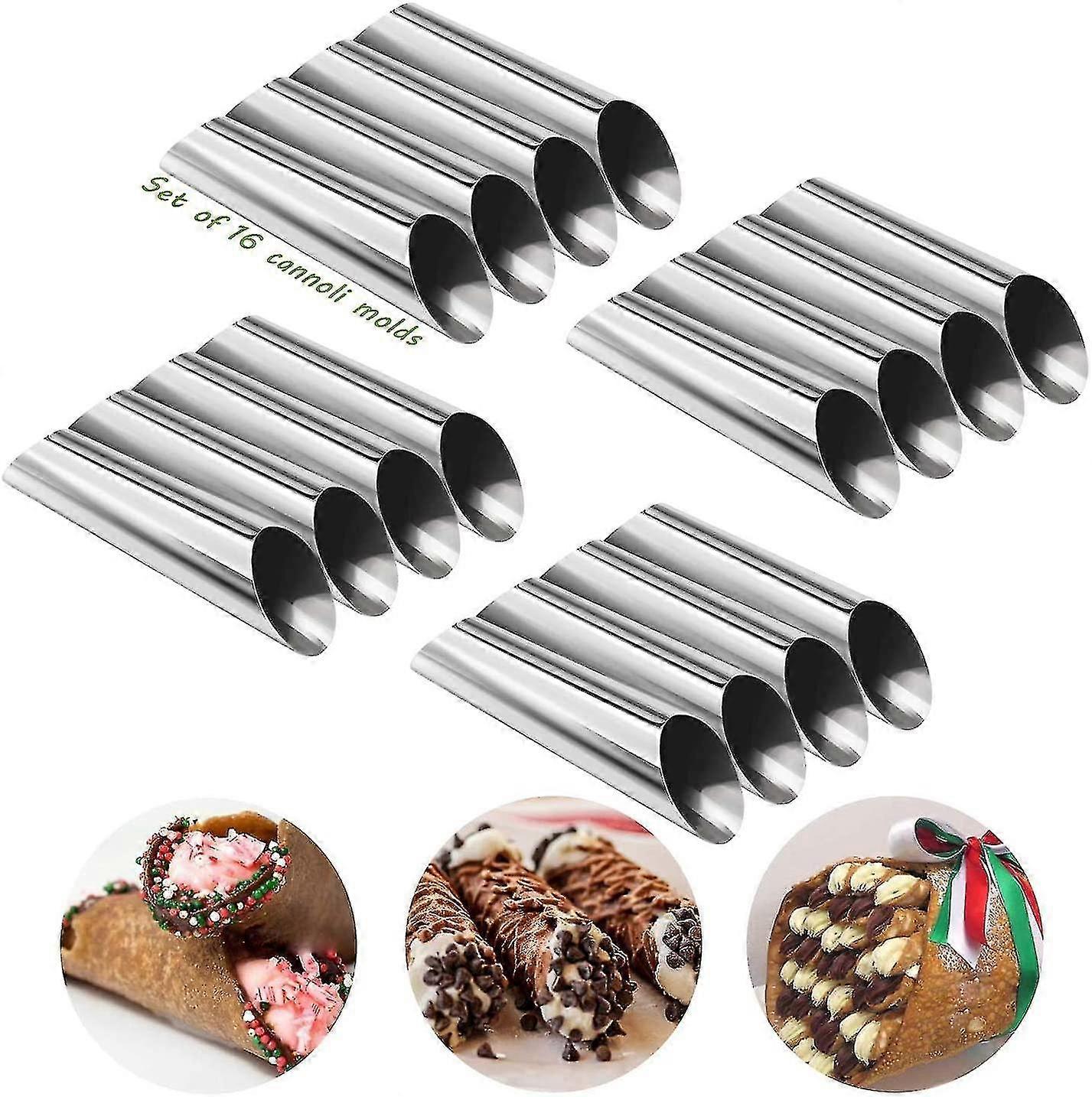 16pcs Stainless Steel Cannoli Form Tubes, Cream Roll Mold, Diagonal Shaped, Free Standing Cone Shape