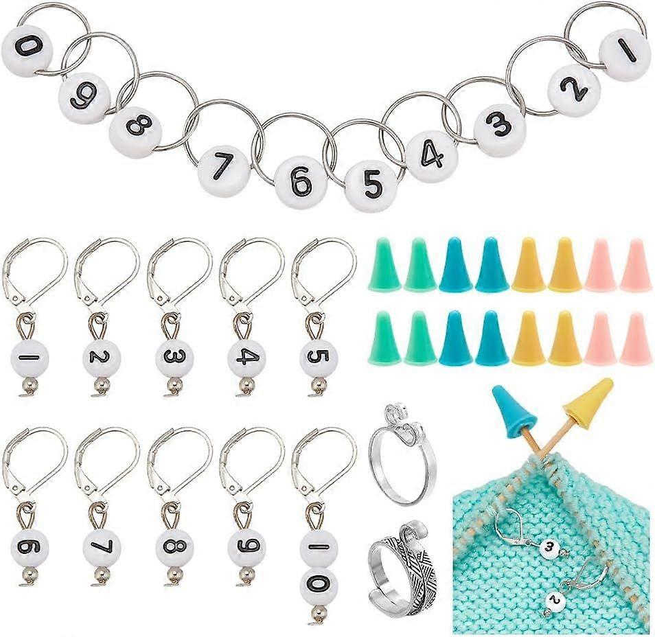 Knitting Row Counter Chains Kits Including 10Pcs Number Beads Stitch Markers 20Pcs Knitting Needle Stoppers 1Pc Counter Chains 2Pcs Yarn Guide Finger