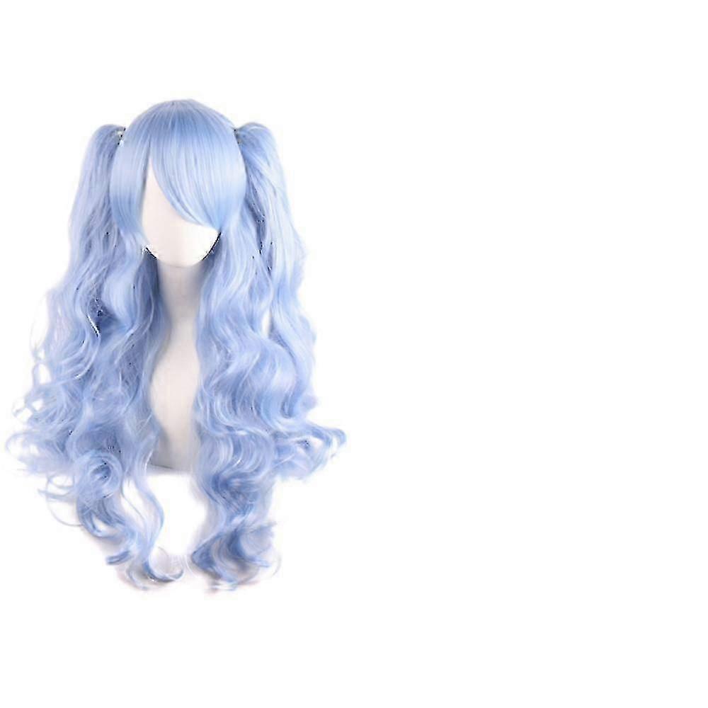 Jusch Lolita Long Curly Clip Sur Queues De Cheval Cosplay Perruque, Double Queue De Cheval Tiger Clip Longue Perruque Bouclée (Bleu Clair),wz-1337r