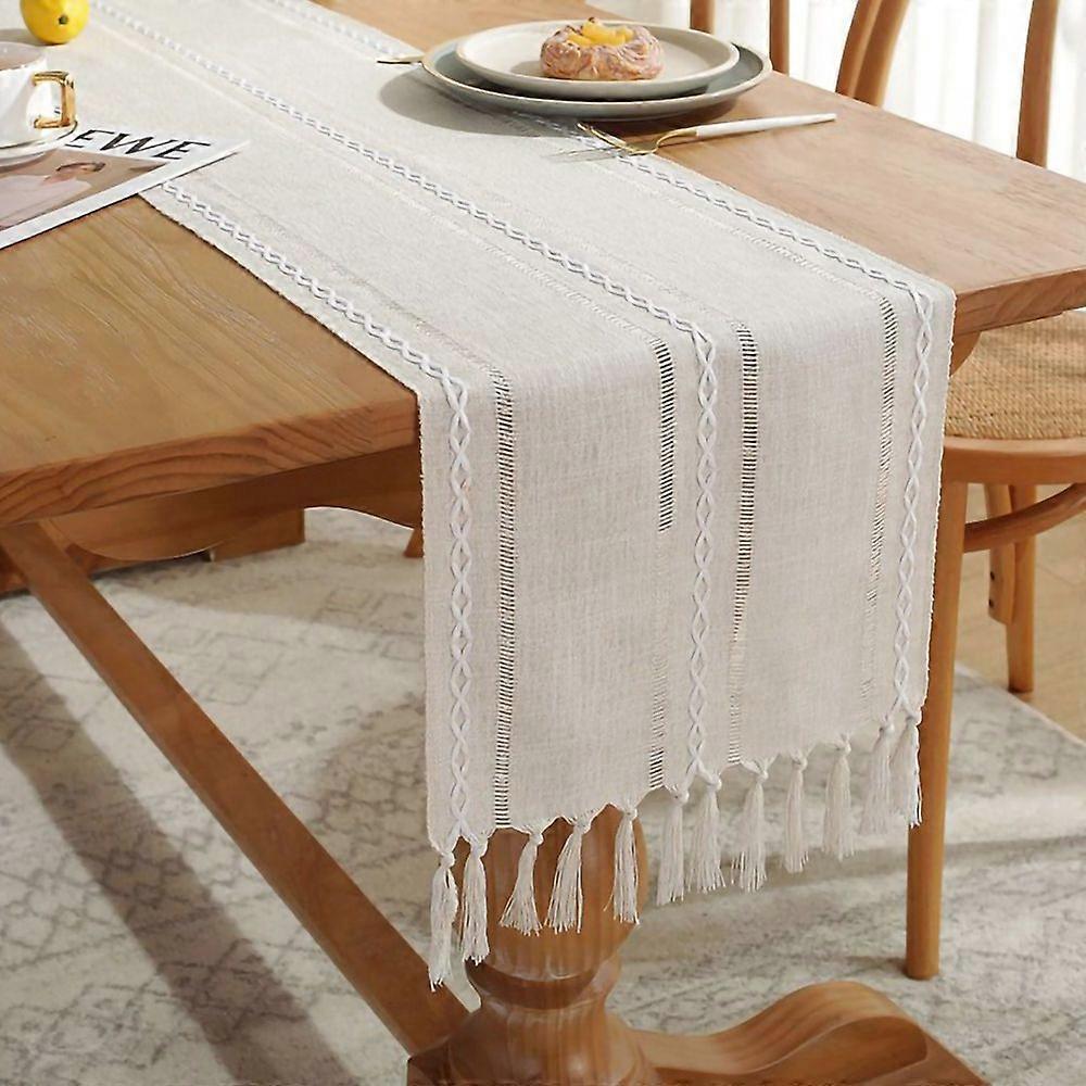 Table runner beige boho polyester odorless table runner country house style table runner with tassels