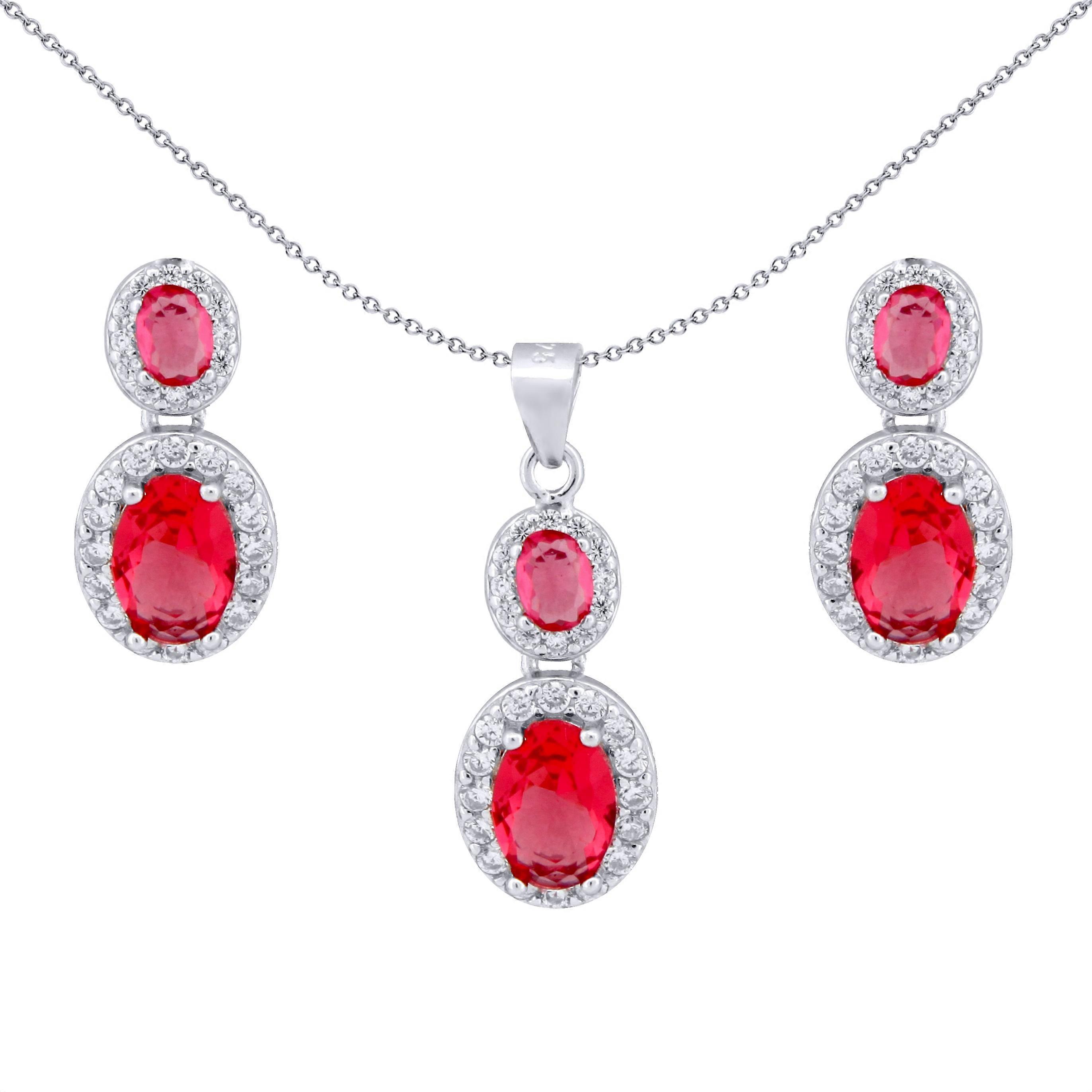 Jewelco London Rhodium Silver Red Oval CZ Royal Halo Cluster Earrings & Necklace Set