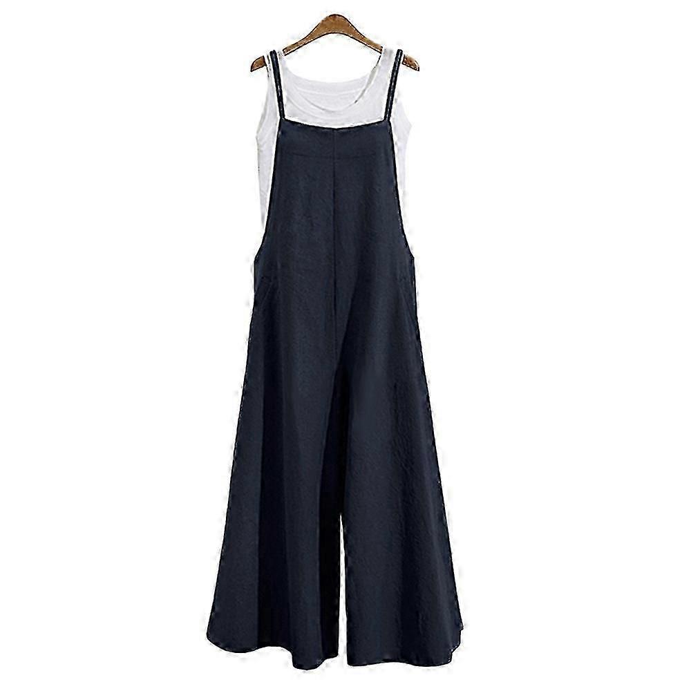 Casual løs jumpsuit Kvinder Summer Solid bomuld Linned Stropper Brede ben bukser Dungaree Bib Overalls Ærmeløs Oversized Jumpsuits