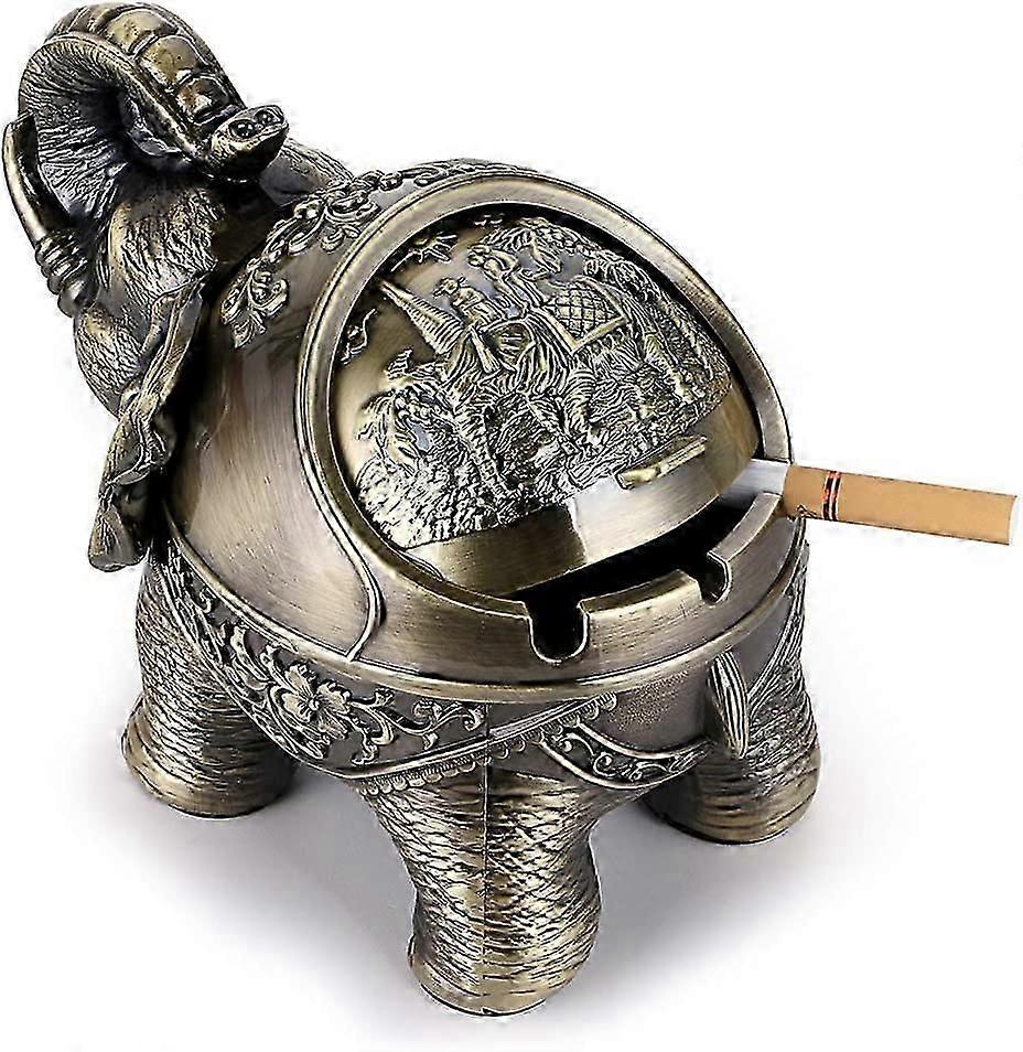 Stand Elephant Decorative Ashtray with Lid,Vintage Windproof Ashtray with Lids,Elephant Modeling Ashtray Cigarette 1pcsD-