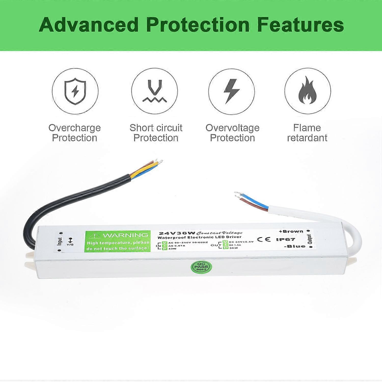 IP67 Waterproof LED Driver Switch Power Supply Transformer Adapter AC 90V-250V to DC 24V 36W Constan