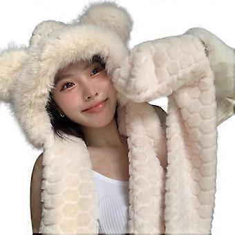 Furry Hat Head Wrap Furry Bear Gloves Thicken Hood for Women Outdoor Wear Thicken Ear for Winter Sports Cycling Skiing  Pink