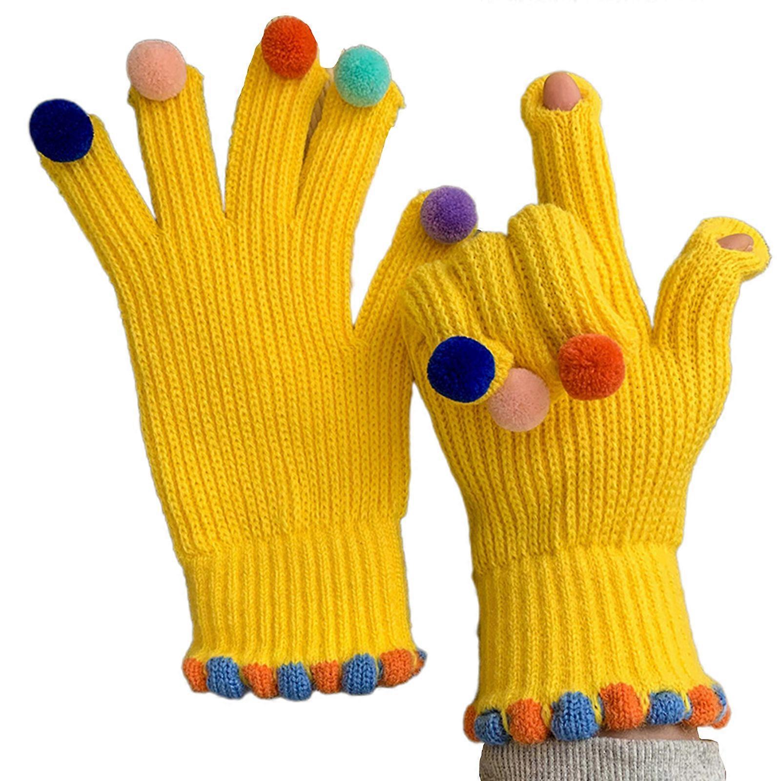 Gants à écran tactile avec deux doigts exposé Design Coloré Pompon Décor Femmes Adolescents Tricoté Ski Cyclisme Mitaines Jaune