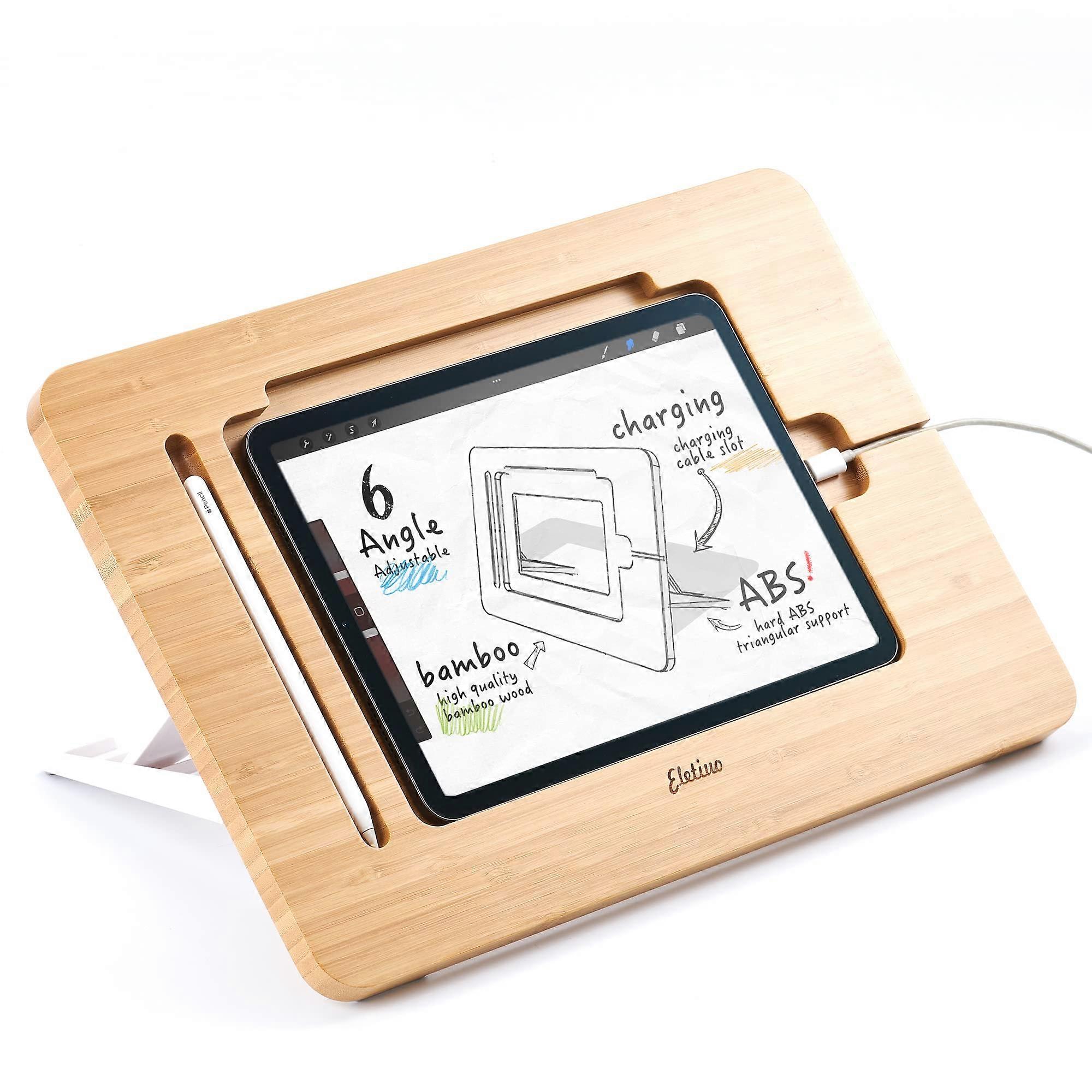 Adjustable Bamboo Wooden Tablet Stand for 9.7-11 Inch Devices, Desktop Drawing Organizer and Holder Support