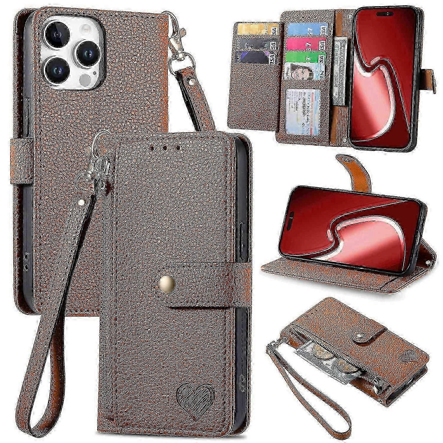 Slim RFID Blocking Case for iPhone 16 Pro - Leather Wallet Design with Zipper