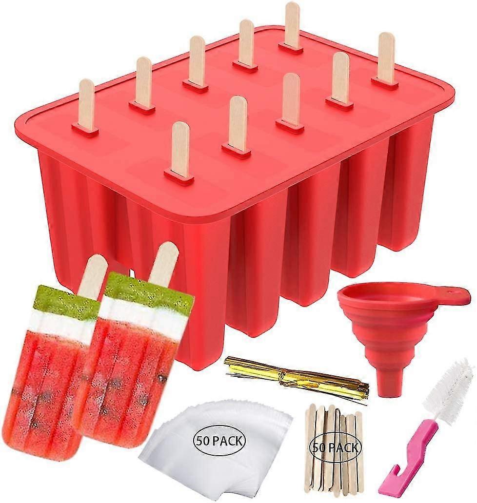 10 قابلة لإعادة الاستخدام سيليكون Popsicle قوالب Diy الآيس كريم العفن Bpa خالية من المجمدة Popsicle الآيس كريم قوالب، 50 العصي الخشبية