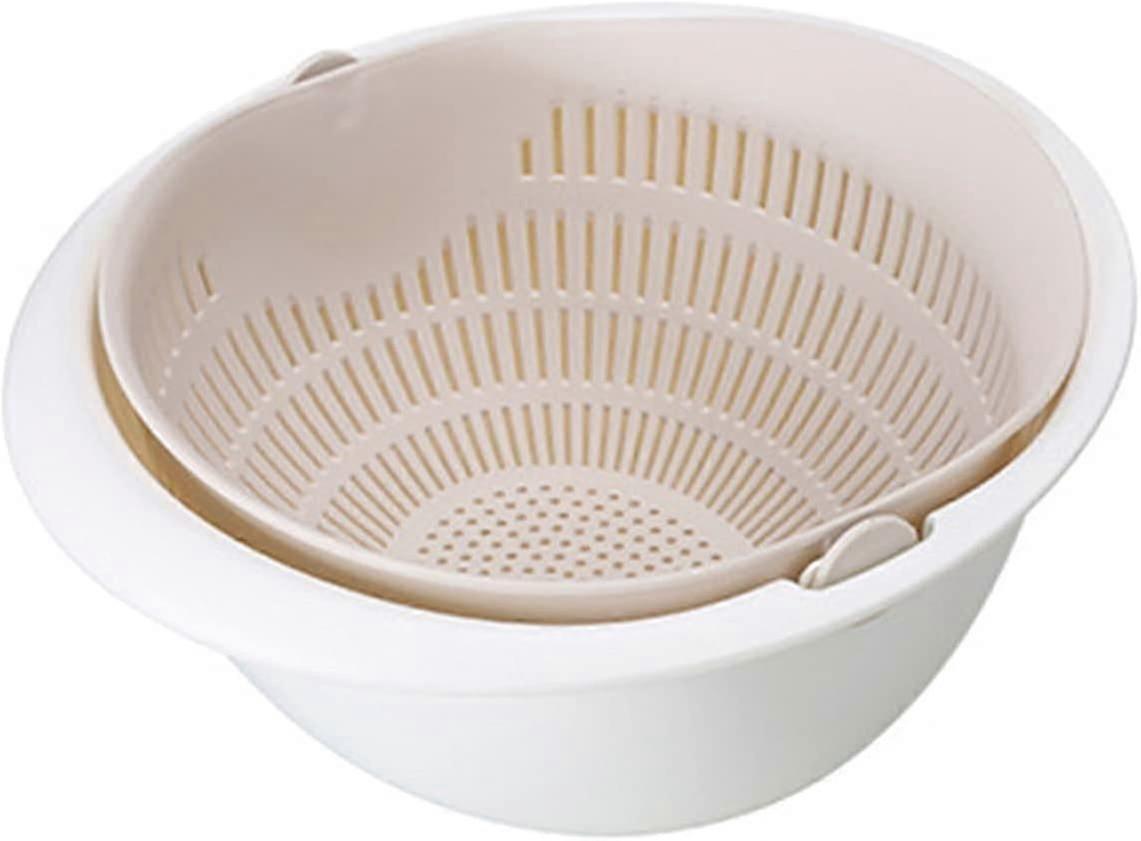 Portable Washing Basket & Drainer Multifunctional Kitchen Food Strainer Basket Set with Double Layered Detachable Basket Bowl Free Space Saving,Beige