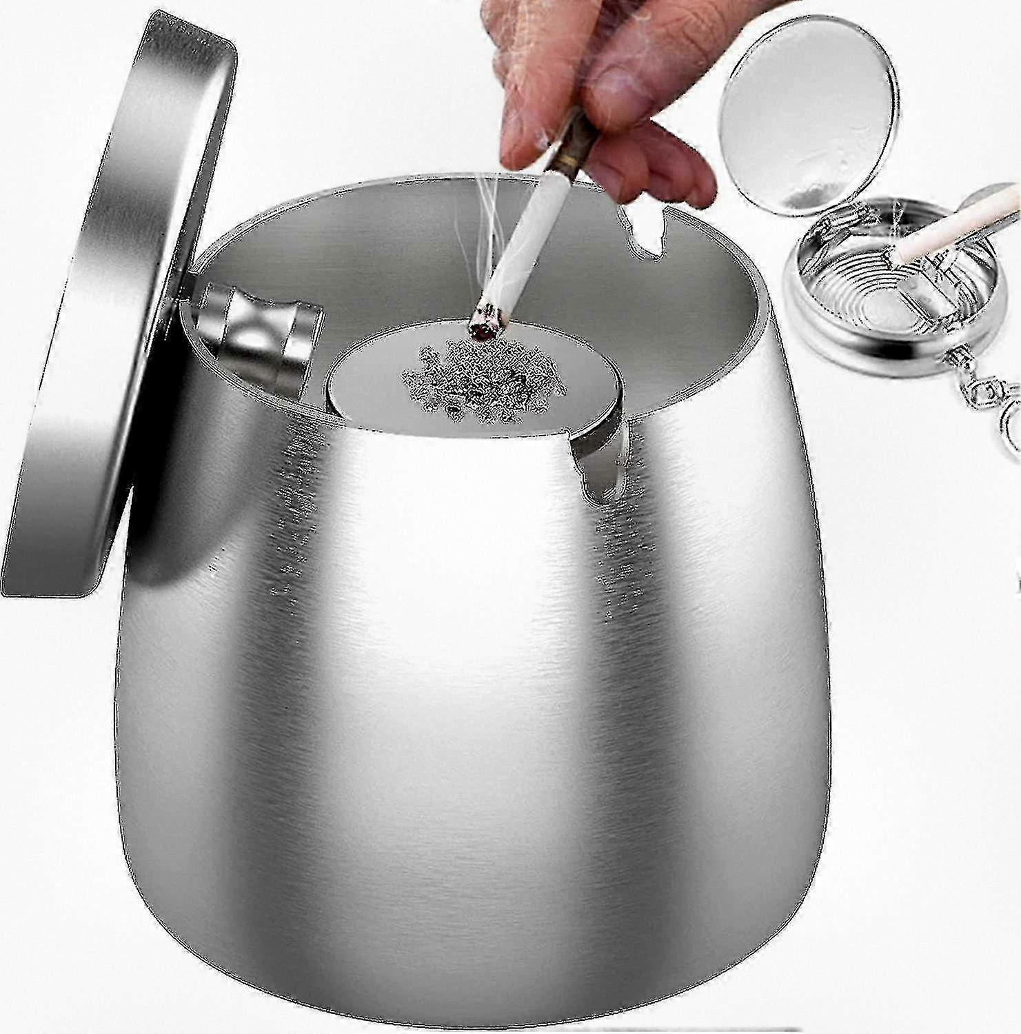 Windproof Stainless Steel Ashtray with Lid and Non-slip Base for Outdoor and Indoor Use, Suitable for Various Brands