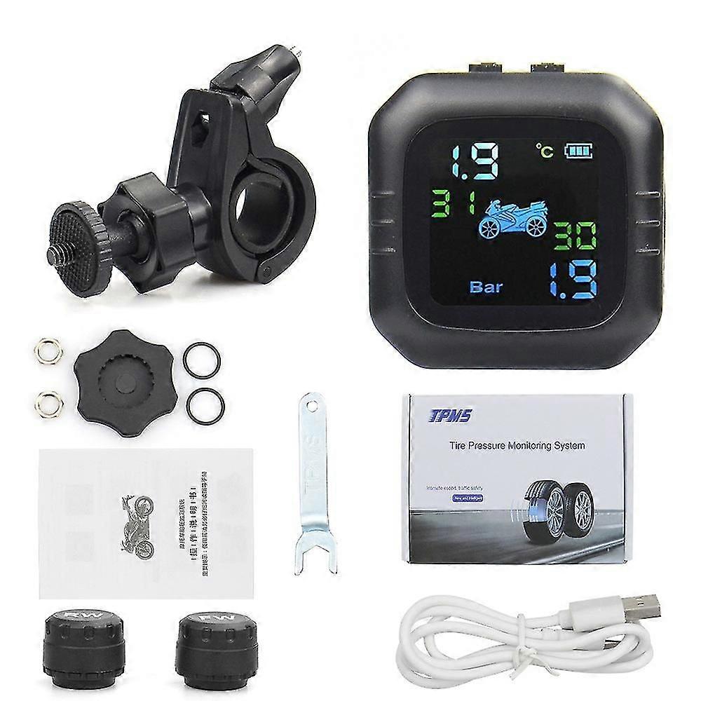 Motorcycle Tpms Usb Solar Charging  Motor Tire Pressure Tyre Temperature Monitoring Alarm System With 2 External Sensors