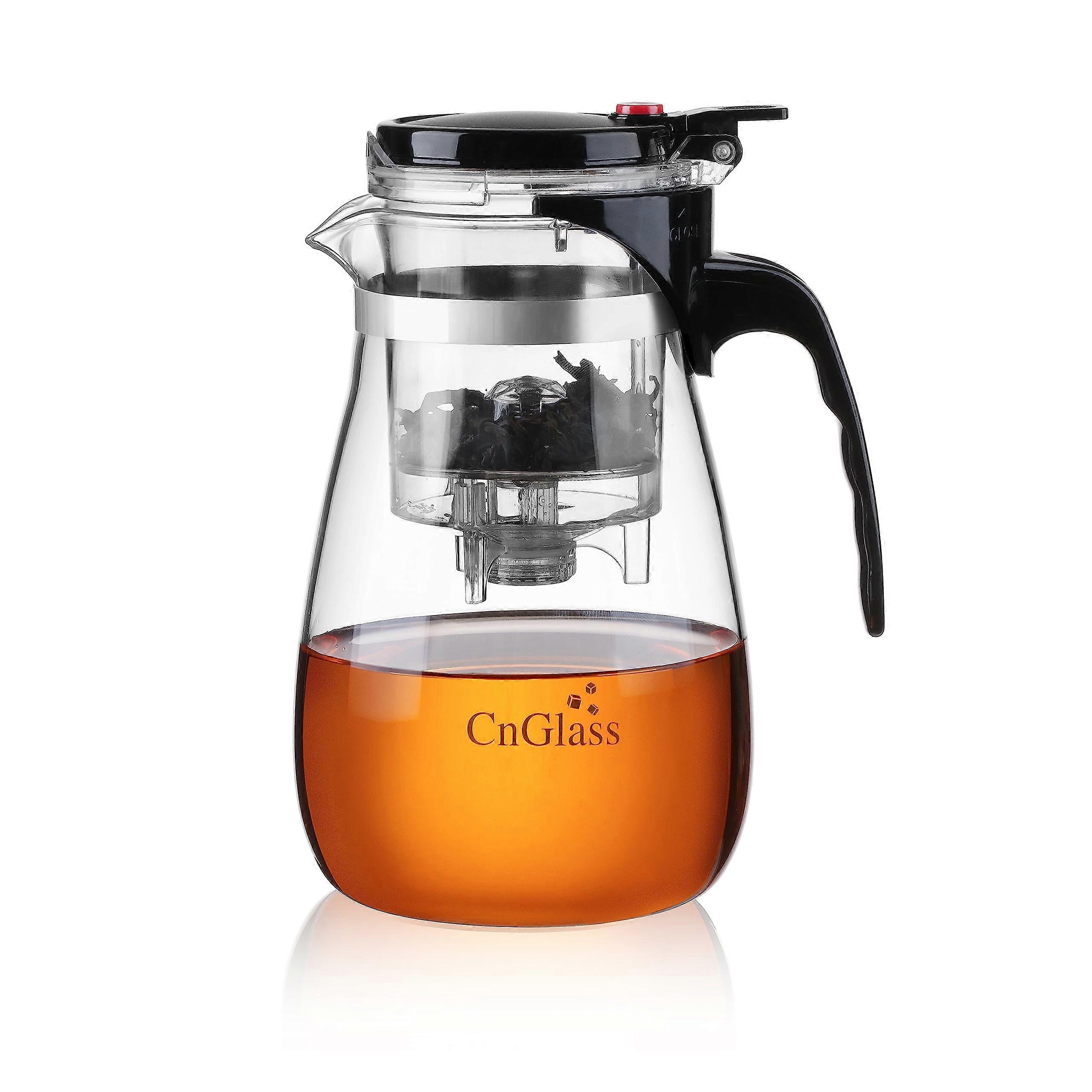 Glass Teapot with Removable Strainer, 900 ml Clear Tea Kettle for Loose Leaf and Blooming Tea, Push Button Filter