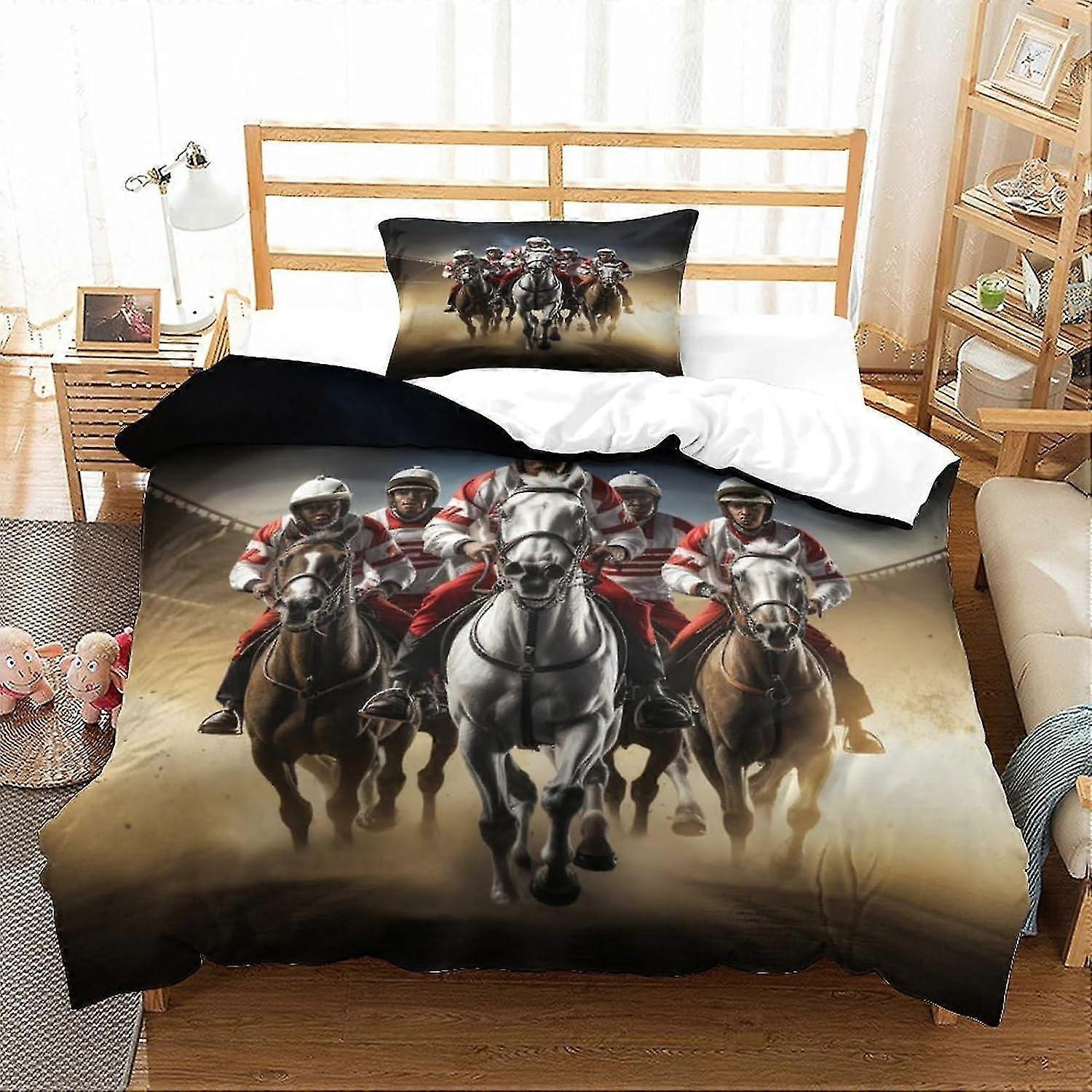 Conjunto de capa de edredom com tema de corrida de cavalos para crianças Capa de edredão impressa em 3D leve macia e respirável com fronha