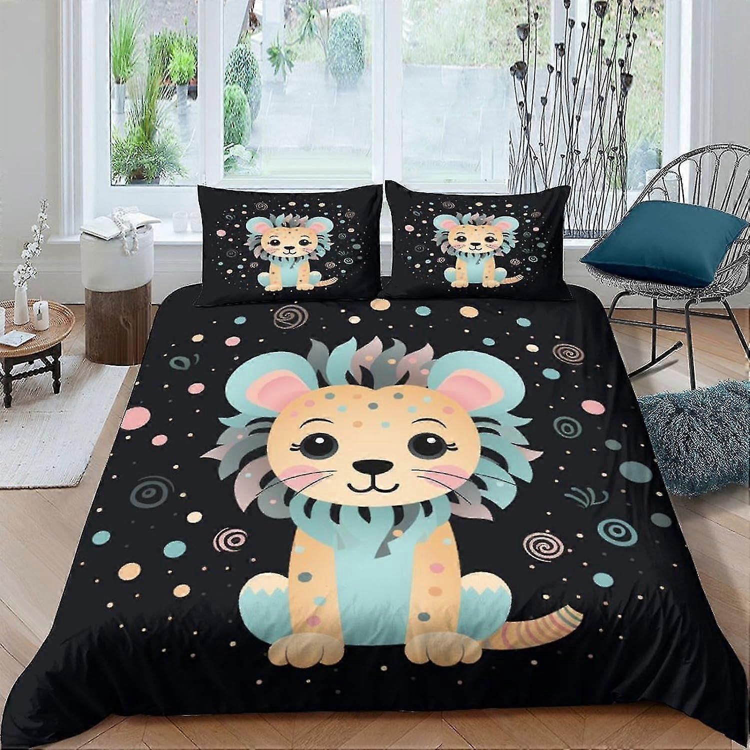 Tecknad lejon påslakan set 3 stycken i olika färger för barn och tonåringar, mikrofibersängkläder för dubbelsäng