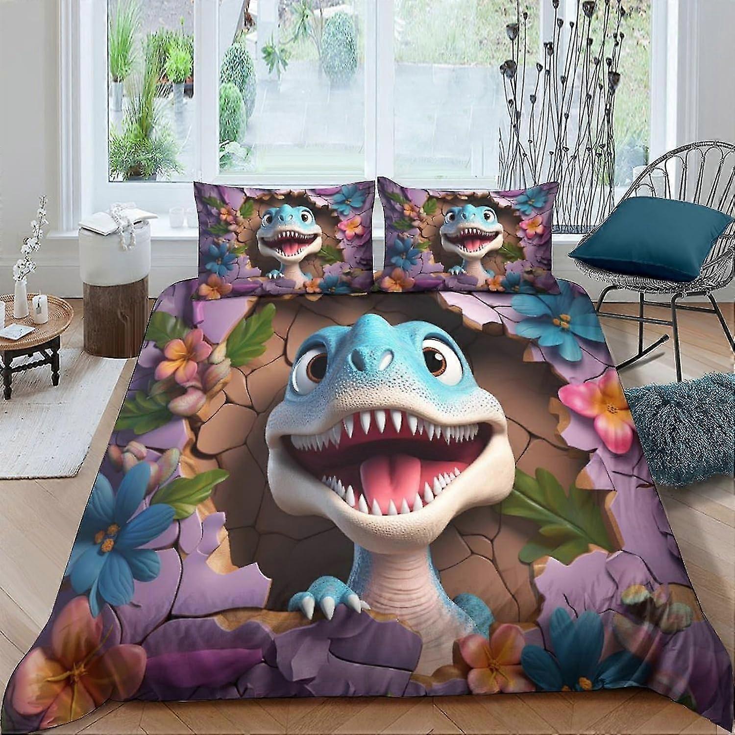 Cute Dinosaur 3D Print Bedding Set, 3-Piece Soft Microfiber Duvet Cover with Pillow Cases and Zipper
