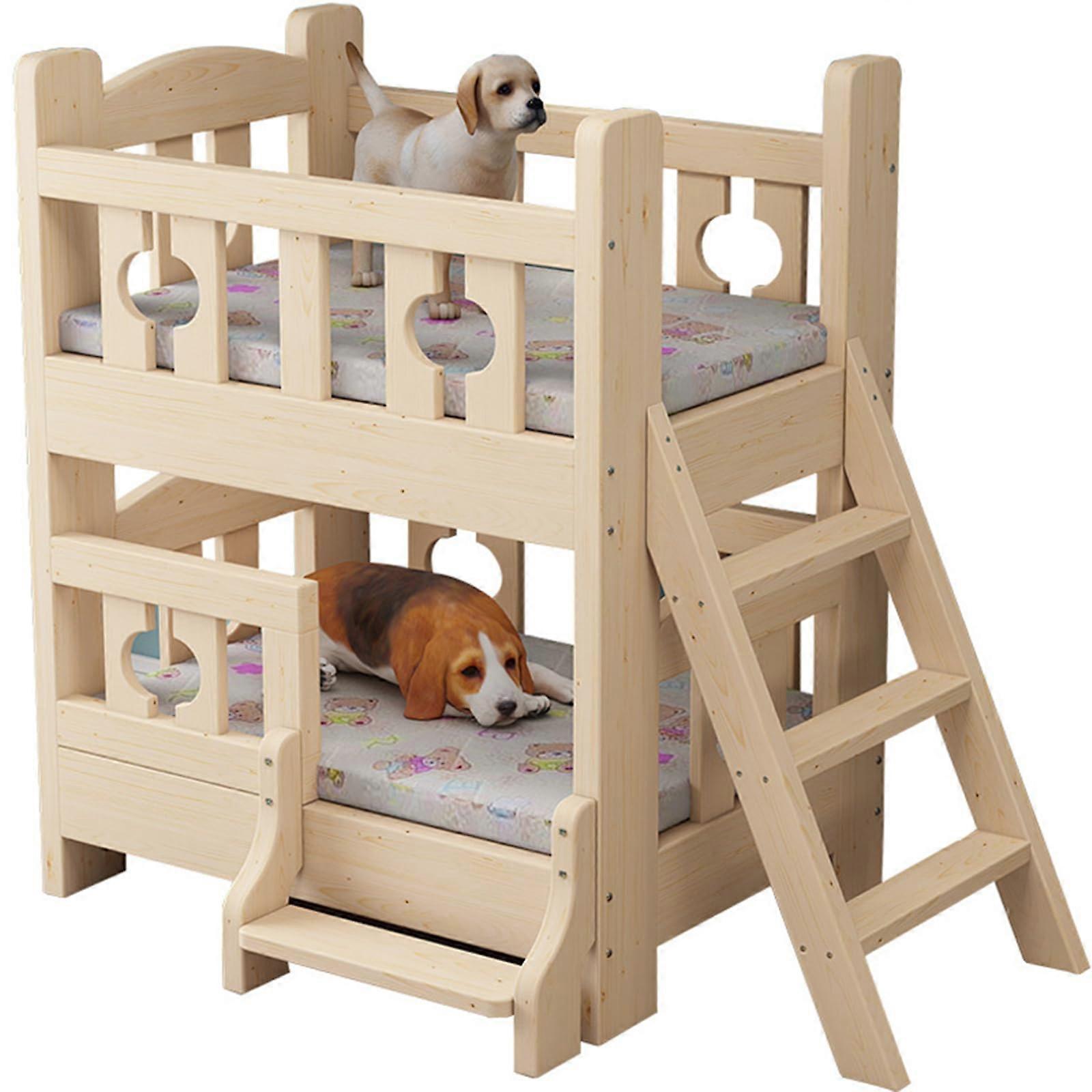 Dog Bunk Bed for Small Medium Large Pets Double Layer Wooden Frame Pet Bed with Steps Removable 53×38cm (21×15in)